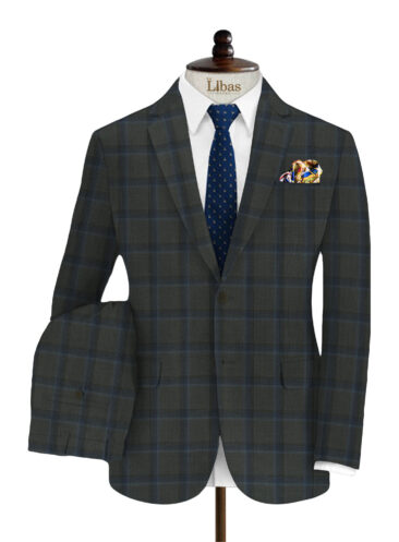 Marcellino Men's Terry Rayon Checks 3.75 Meter Unstitched Suiting Fabric (Grey & Blue)