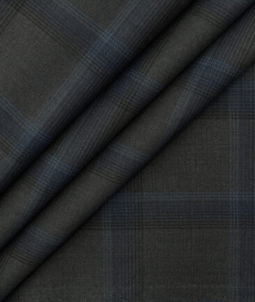 Marcellino Men's Terry Rayon Checks 3.75 Meter Unstitched Suiting Fabric (Grey & Blue)