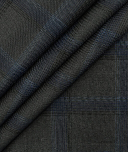 Marcellino Men's Terry Rayon Checks 3.75 Meter Unstitched Suiting Fabric (Grey & Blue)