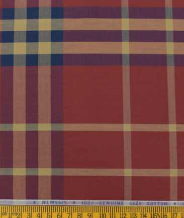 Nemesis Men's Giza Cotton Checks 2.25 Meter Unstitched Shirting Fabric (Brick Red)