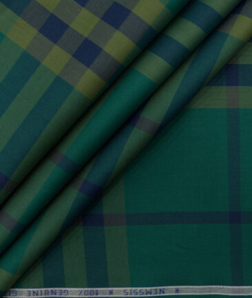 Nemesis Men's Giza Cotton Checks 2.25 Meter Unstitched Shirting Fabric (Dark Sea Green)