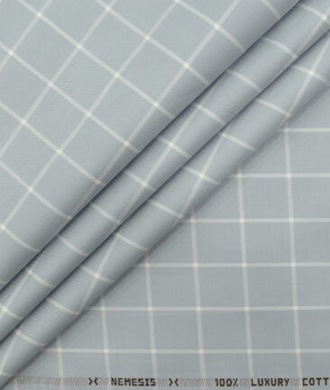 Nemesis Men's Luxury Cotton Checks 2.25 Meter Unstitched Shirting Fabric (Light Grey)