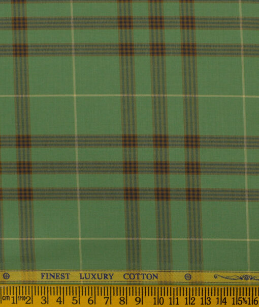 Soktas Men's Luxury Cotton Checks 2.25 Meter Unstitched Shirting Fabric (Olive Green)