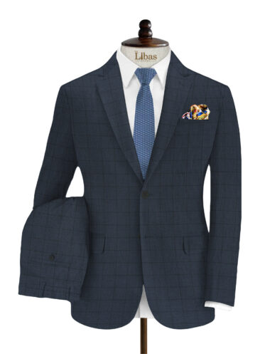 J.Hampstead Men's Wool Checks Super 90's3.75 Meter Unstitched Suiting Fabric (Blue)