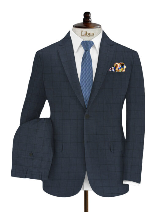 J.Hampstead Men's Wool Checks Super 90's3.75 Meter Unstitched Suiting Fabric (Blue)