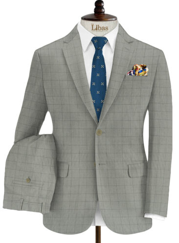 J.Hampstead Men's Wool Checks Super 100's3.75 Meter Unstitched Suiting Fabric (Light Grey)