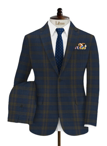 J.Hampstead Men's Wool Checks Super 90's 3.75 Meter Unstitched Suiting Fabric (Royal Blue)