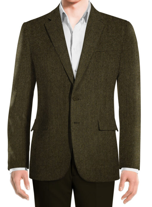 OCM Men's Wool Herringbone Thick  2 Meter Unstitched Tweed Jacketing & Blazer Fabric (Brownish Green)
