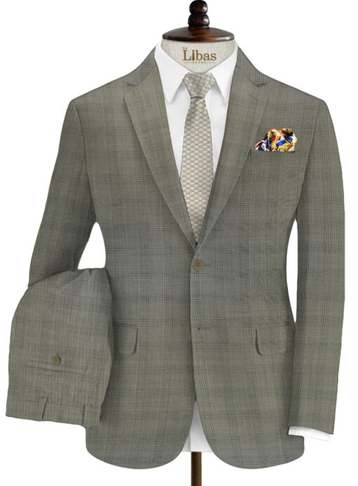 Spaadaa Men's Wool Checks 3.75 Meter Unstitched Suiting Fabric (Light Grey)