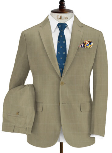 Spaadaa Men's Wool Checks 3.75 Meter Unstitched Suiting Fabric (Light Brown)