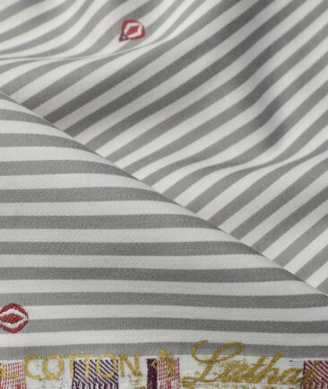 Luthai Men's Supima Cotton Striped 2.25 Meter Unstitched Shirting Fabric (White & Grey)