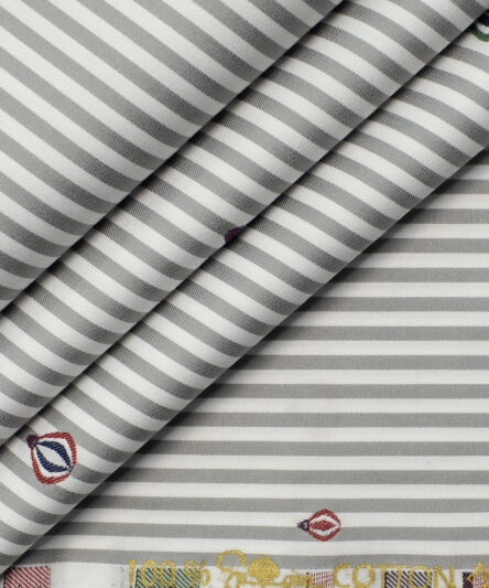 Luthai Men's Supima Cotton Striped 2.25 Meter Unstitched Shirting Fabric (White & Grey)