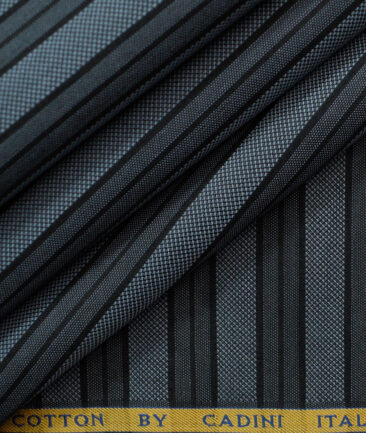 Cadini Men's Giza Cotton Striped Unstitched Shirting Fabric (Blue & Black)