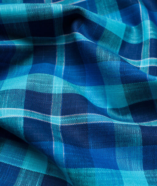 Raymond Men's Premium Cotton Checks Unstitched Shirting Fabric (Firozi Blue)