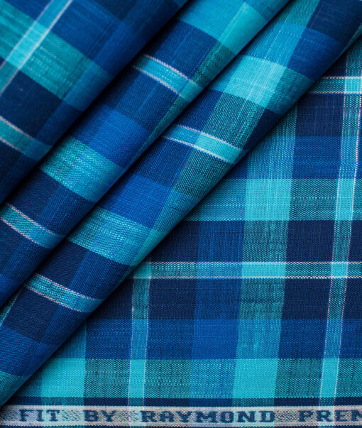 Raymond Men's Premium Cotton Checks Unstitched Shirting Fabric (Firozi Blue)