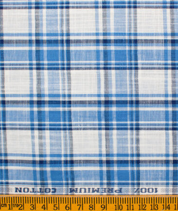 Raymond Men's Premium Cotton Checks Unstitched Shirting Fabric (White & Blue)