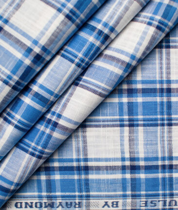 Raymond Men's Premium Cotton Checks Unstitched Shirting Fabric (White & Blue)