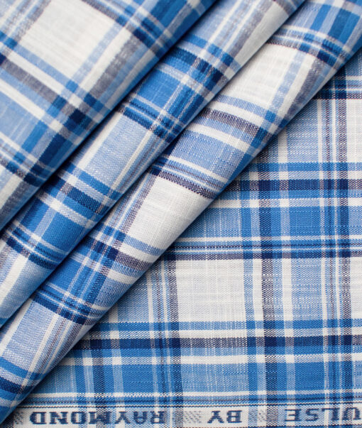 Raymond Men's Premium Cotton Checks Unstitched Shirting Fabric (White & Blue)