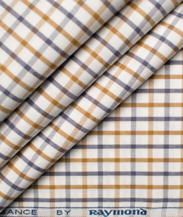 Raymond Men's Premium Cotton Checks Unstitched Shirting Fabric (White & Brown)