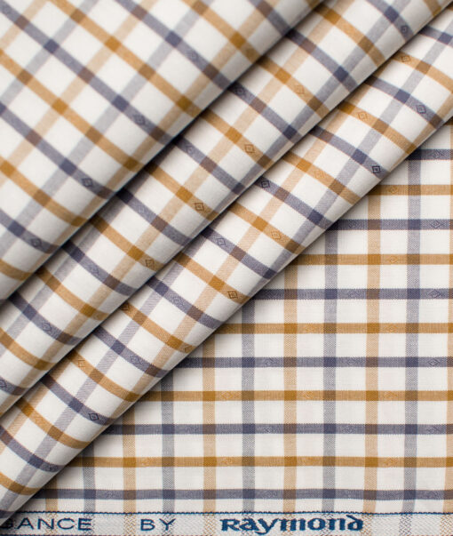 Raymond Men's Premium Cotton Checks Unstitched Shirting Fabric (White & Brown)