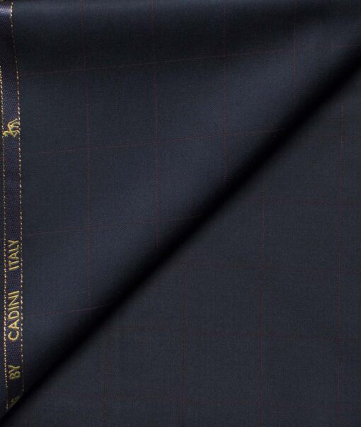 Cadini Men's  Wool Checks Super 100's 1.30 Meter Unstitched Trouser Fabric (Dark Navy Blue)
