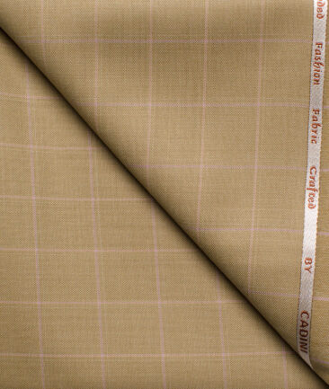 Cadini Men's  Wool Checks Super 110's 1.20 Meter Unstitched Trouser Fabric (Fawn Beige)
