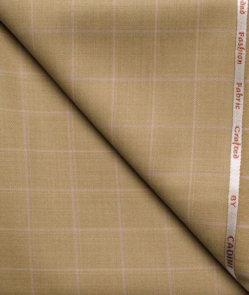 Cadini Men's  Wool Checks Super 110's 1.20 Meter Unstitched Trouser Fabric (Fawn Beige)