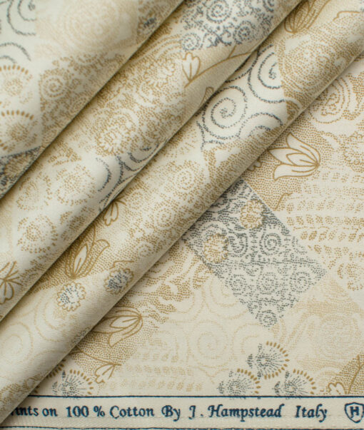J.Hampstead Men's Pure Cotton Printed 2.25 Meter Unstitched Shirting Fabric (Cream)