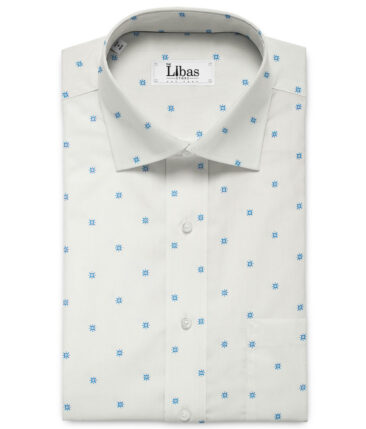 Raymond Men's Pure Cotton Printed 2.25 Meter Unstitched Shirting Fabric (White & Firozi Blue)