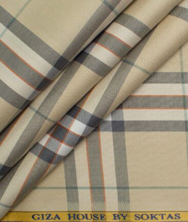 Soktas Men's Egyptian Cotton Checks 2.25 Meter Unstitched Shirting Fabric (Beige)