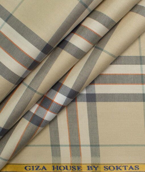 Soktas Men's Egyptian Cotton Checks 2.25 Meter Unstitched Shirting Fabric (Beige)
