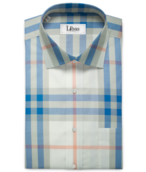 Soktas Men's Giza Cotton Checks 2.25 Meter Unstitched Shirting Fabric (White & Blue)