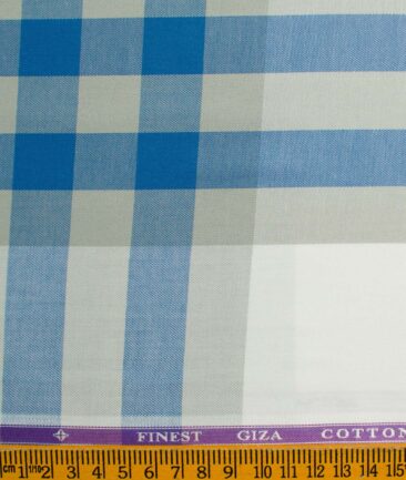 Soktas Men's Giza Cotton Checks 2.25 Meter Unstitched Shirting Fabric (White & Blue)