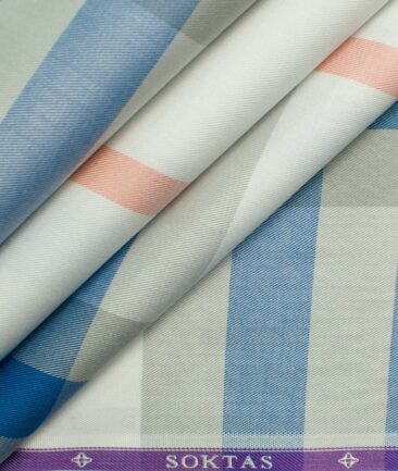Soktas Men's Giza Cotton Checks 2.25 Meter Unstitched Shirting Fabric (White & Blue)