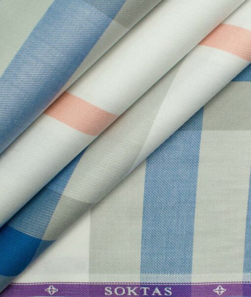 Soktas Men's Giza Cotton Checks 2.25 Meter Unstitched Shirting Fabric (White & Blue)