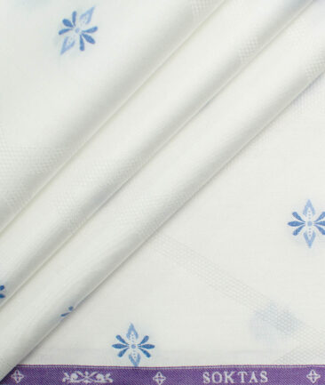 Soktas Men's Giza Cotton Self Design 2.25 Meter Unstitched Shirting Fabric (White & Blue)