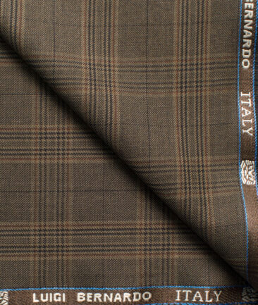 Luigi Bernardo Men's Terry Rayon Checks 3.75 Meter Unstitched Suiting Fabric (Brown)