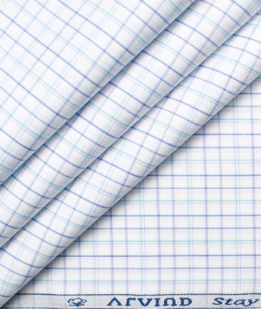 Arvind Men's Premium Cotton Checks 2.25 Meter Unstitched Shirting Fabric (White & Blue)
