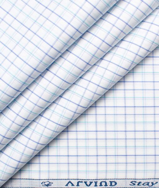 Arvind Men's Premium Cotton Checks 2.25 Meter Unstitched Shirting Fabric (White & Blue)