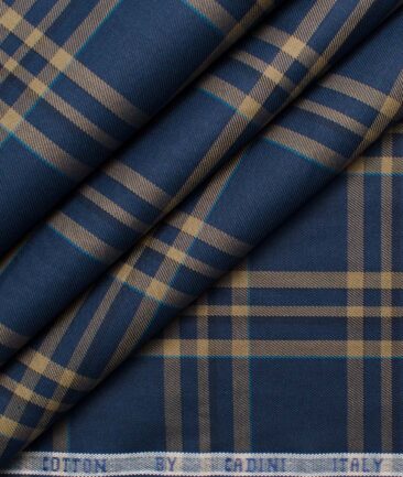 Cadini Men's Giza Cotton Checks  Unstitched Shirting Fabric (Dark Royal Blue & Beige)