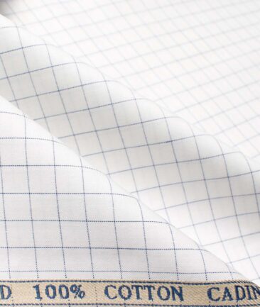 Cadini Men's Giza Cotton Checks 2.25 Meter Unstitched Shirting Fabric (White & Blue)