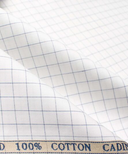 Cadini Men's Giza Cotton Checks 2.25 Meter Unstitched Shirting Fabric (White & Blue)