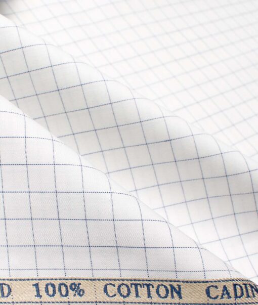 Cadini Men's Giza Cotton Checks 2.25 Meter Unstitched Shirting Fabric (White & Blue)