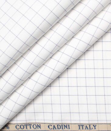 Cadini Men's Giza Cotton Checks 2.25 Meter Unstitched Shirting Fabric (White & Blue)