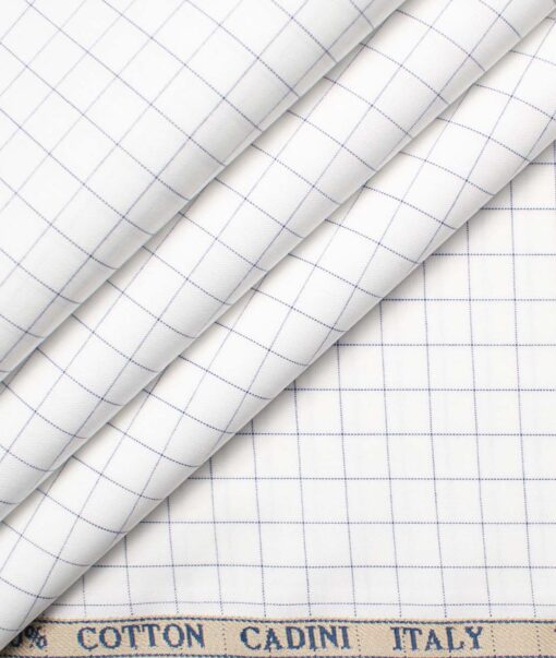 Cadini Men's Giza Cotton Checks 2.25 Meter Unstitched Shirting Fabric (White & Blue)