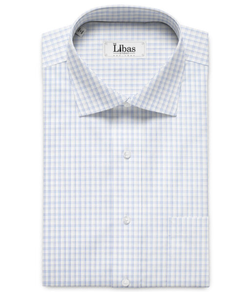 Cadini Men's Giza Cotton Checks 2.25 Meter Unstitched Shirting Fabric (White & Blue)