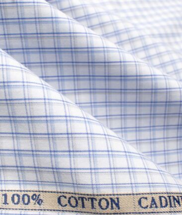Cadini Men's Giza Cotton Checks 2.25 Meter Unstitched Shirting Fabric (White & Blue)
