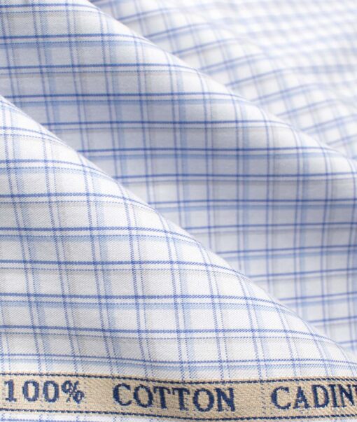 Cadini Men's Giza Cotton Checks 2.25 Meter Unstitched Shirting Fabric (White & Blue)