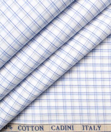 Cadini Men's Giza Cotton Checks 2.25 Meter Unstitched Shirting Fabric (White & Blue)