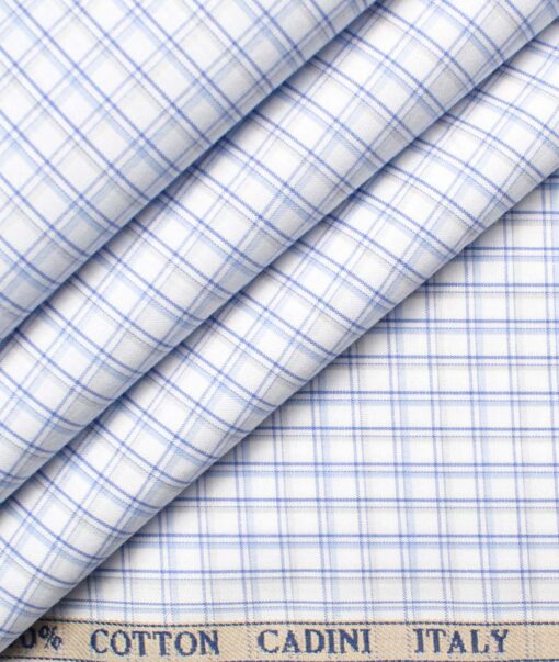 Cadini Men's Giza Cotton Checks 2.25 Meter Unstitched Shirting Fabric (White & Blue)